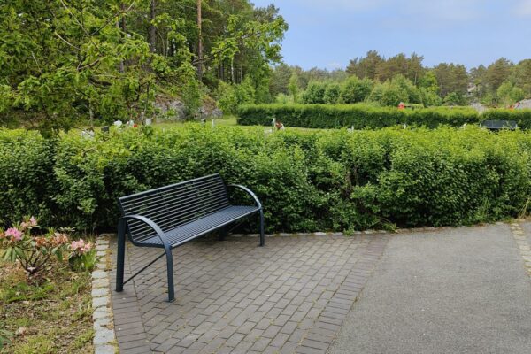 Bilde av benk med armlener og ryggstøtte på fast underlag.