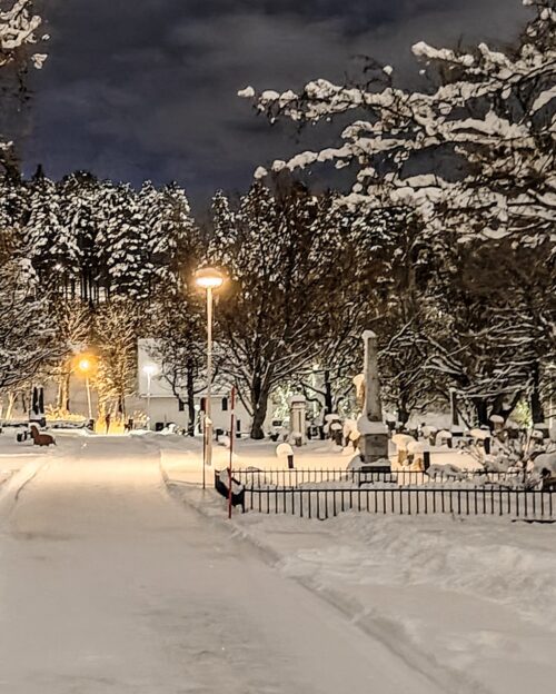 Bilde fra Bodin gravplass viser at Brøytekanter kan fungerer som ledelinjer om vinteren. Husk god belysning!