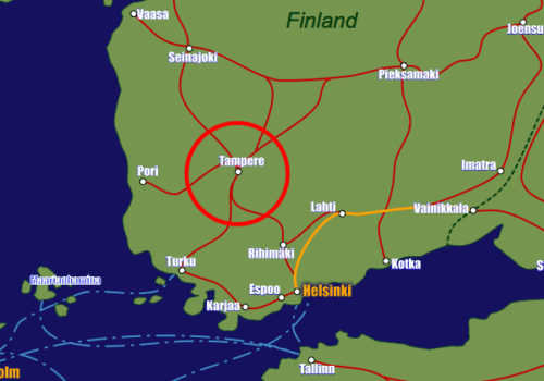 Kart over Finland, med Tampere avmerket